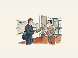Dos adultos de piel clara conversan en un portal junto a los buzones; uno sostiene una carpeta.