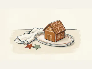 Casa de galleta de jengibre sobre una bandeja con dos estrellas de papel.