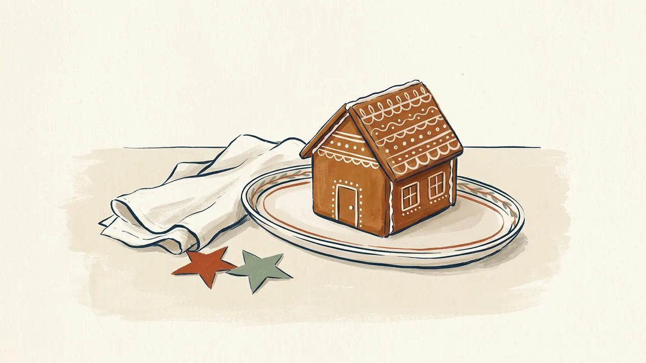 Casa de galleta de jengibre sobre una bandeja con dos estrellas de papel.