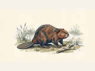 Castor de cuerpo entero y cola aplanada en la orilla de un río, junto a una rama.