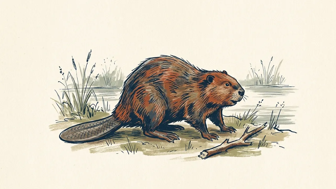 Castor de cuerpo entero y cola aplanada en la orilla de un río, junto a una rama.