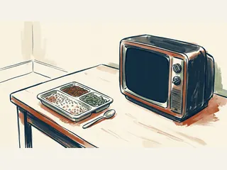 Una bandeja de comida con tres compartimentos junto a un televisor antiguo apagado.