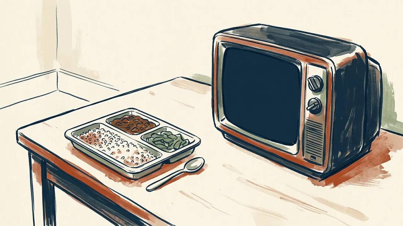 Una bandeja de comida con tres compartimentos junto a un televisor antiguo apagado.