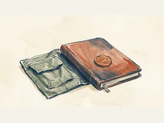 Una moneda cobriza descansa sobre un cuaderno junto a un mapa plegado.
