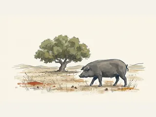 Ilustración de un cerdo ibérico caminando junto a una encina en una dehesa.