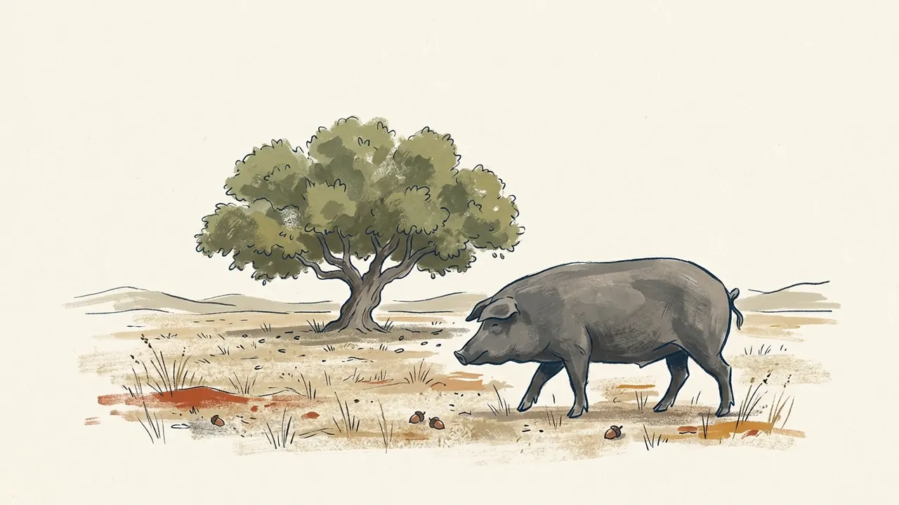Ilustración de un cerdo ibérico caminando junto a una encina en una dehesa.