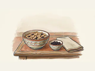 Cuenco de copos de cereal con pasas, acompañado de otro cuenco pequeño y una servilleta sobre una mesa.