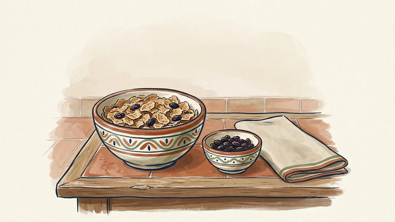 Cuenco de copos de cereal con pasas, acompañado de otro cuenco pequeño y una servilleta sobre una mesa.