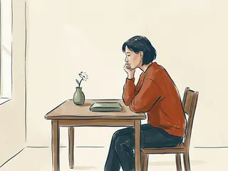 Una persona contempla una flor blanca junto a un libro cerrado.