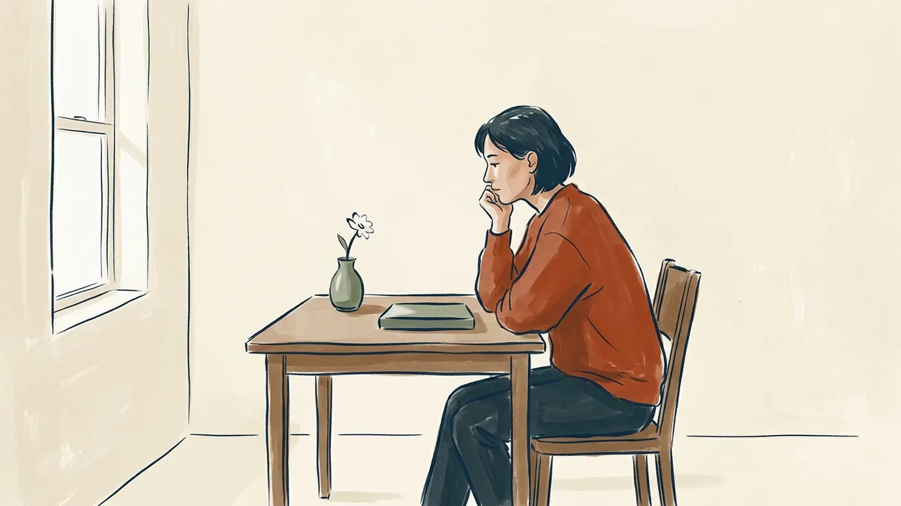 Una persona contempla una flor blanca junto a un libro cerrado.