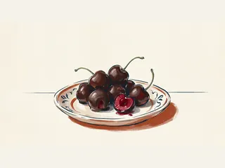 Cerezas cubiertas de chocolate sobre un plato, con una pieza abierta.