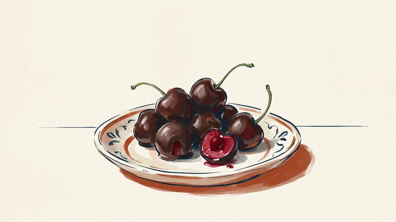 Cerezas cubiertas de chocolate sobre un plato, con una pieza abierta.