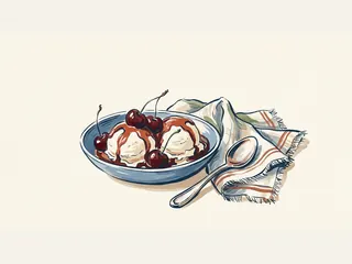 Cuenco azul con helado y cuatro cerezas, acompañado de una cuchara y un paño.