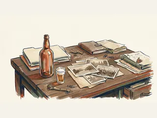 Una botella sin etiqueta y un vaso pequeño de cerveza descansan entre documentos y fotografías antiguas.