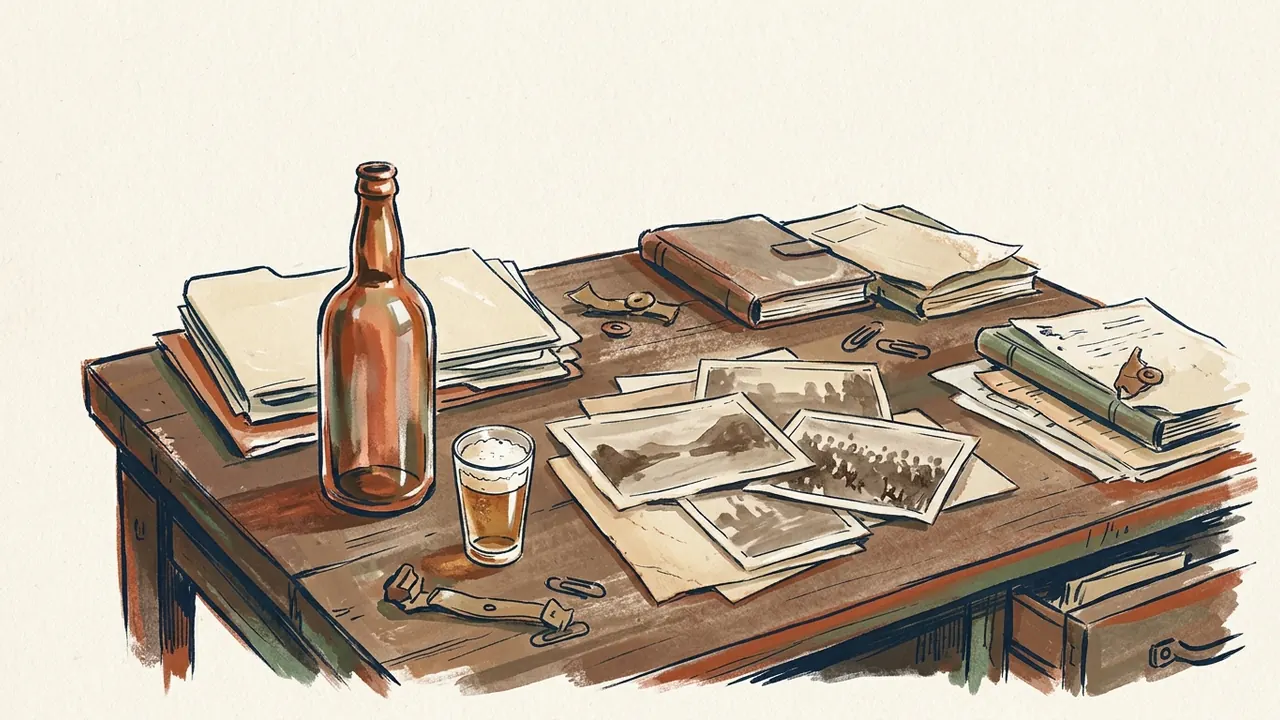 Una botella sin etiqueta y un vaso pequeño de cerveza descansan entre documentos y fotografías antiguas.