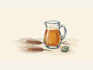 Jarra de vidrio con bebida ámbar, dos espigas de cebada y un cono de lúpulo.