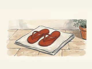 Un par de chanclas color terracota sobre una toalla doblada en un patio.