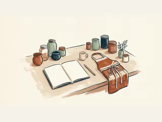Un delantal junto a un cuaderno de menús vacío y recipientes sobre una mesa de cocina.