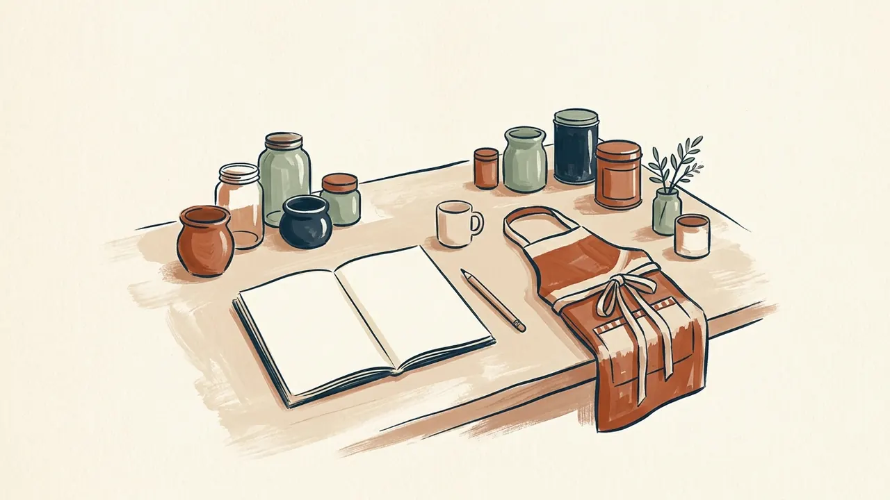 Un delantal junto a un cuaderno de menús vacío y recipientes sobre una mesa de cocina.