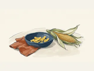 Cuenco azul con chips de maíz junto a una mazorca y una servilleta.