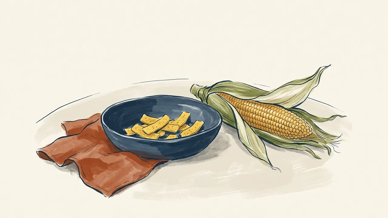Cuenco azul con chips de maíz junto a una mazorca y una servilleta.