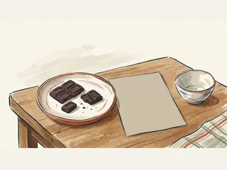 Tres porciones de chocolate negro en un plato de cerámica junto a papel sin imprimir y un cuenco.