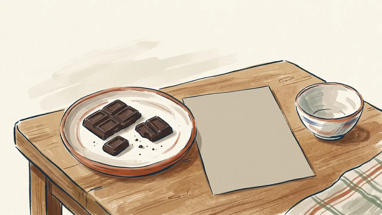 Tres porciones de chocolate negro en un plato de cerámica junto a papel sin imprimir y un cuenco.