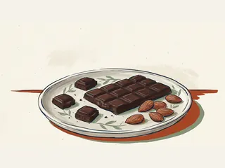 Una tableta de chocolate oscuro, tres trozos y varias almendras sobre un plato.