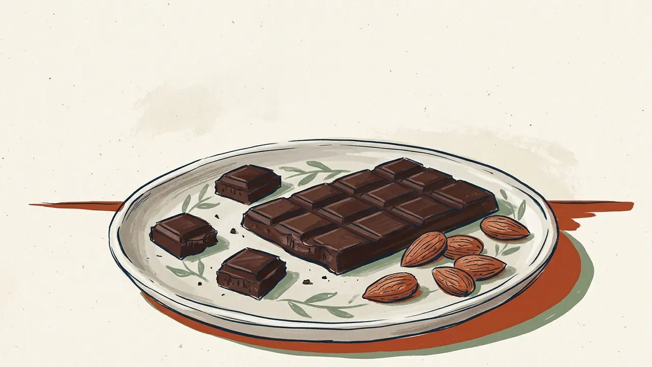 Una tableta de chocolate oscuro, tres trozos y varias almendras sobre un plato.