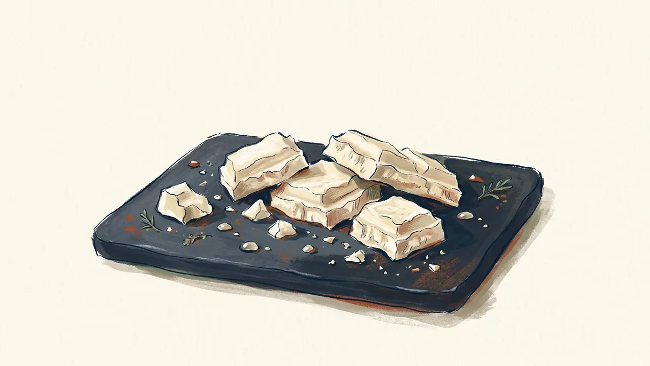 Trozos de chocolate blanco sobre una bandeja oscura.