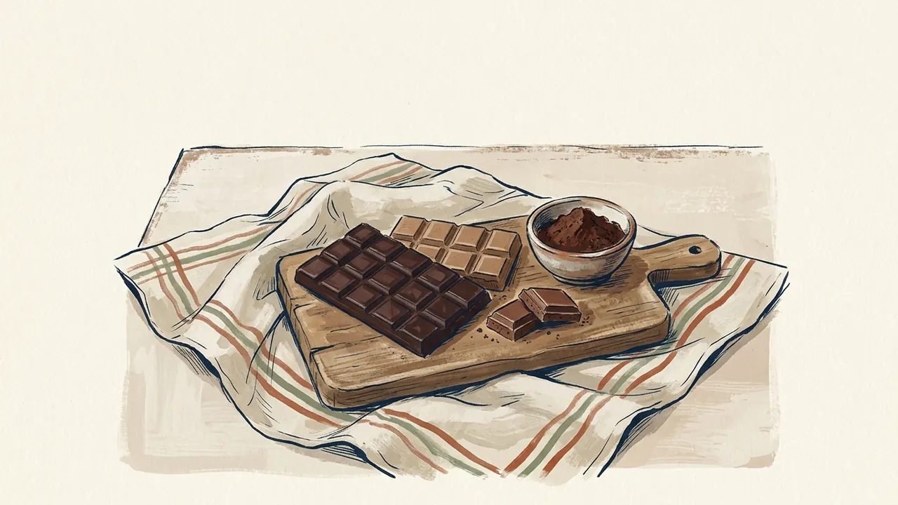 Tabletas y porciones de chocolate junto a un cuenco de cacao sobre una tabla de madera.