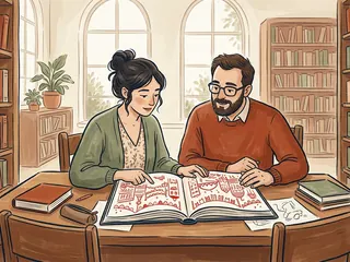 Dos personas consultan un álbum con dibujos rojos de una celebración urbana ficticia.