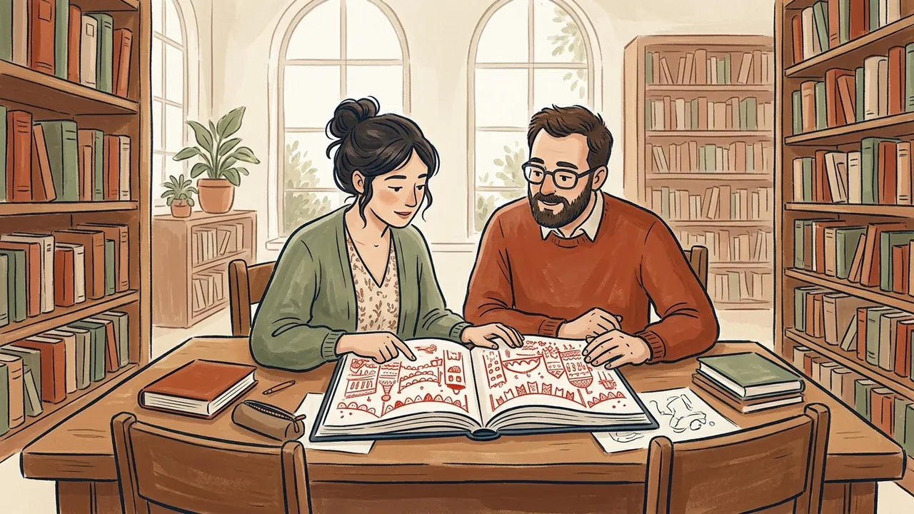 Dos personas consultan un álbum con dibujos rojos de una celebración urbana ficticia.