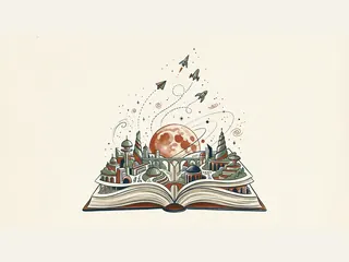De un libro abierto surge una ciudad imaginaria con naves y un planeta.