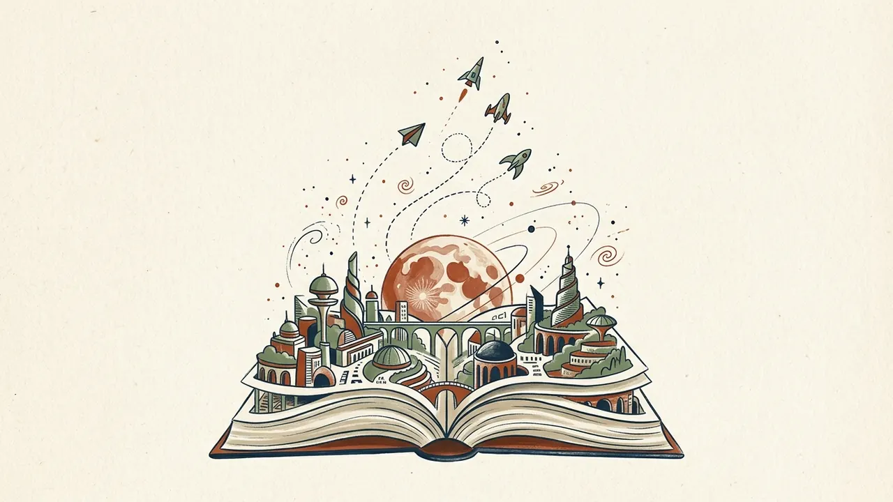 De un libro abierto surge una ciudad imaginaria con naves y un planeta.