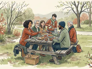 Un grupo de personas comparte una merienda en una mesa de un parque.