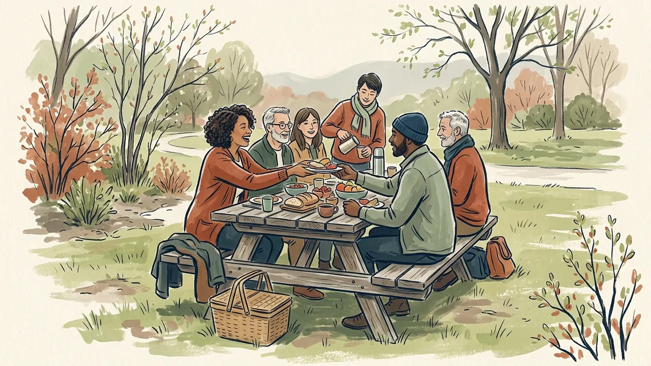 Un grupo de personas comparte una merienda en una mesa de un parque.