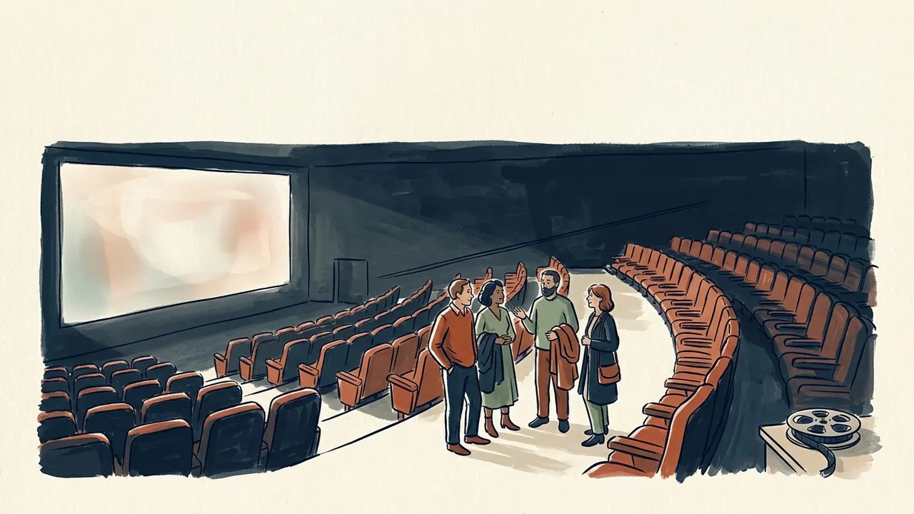 Cuatro adultos conversan en el pasillo de una sala de cine entre filas de butacas y una pantalla iluminada.