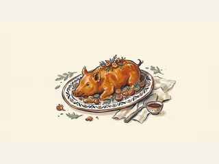 Un cochinillo asado de tono dorado se presenta en una bandeja de cerámica con guarnición y un cuenco de salsa.