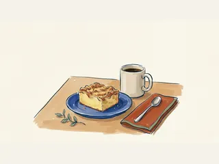 Porción de coffee cake con cobertura de migas junto a una taza de café.