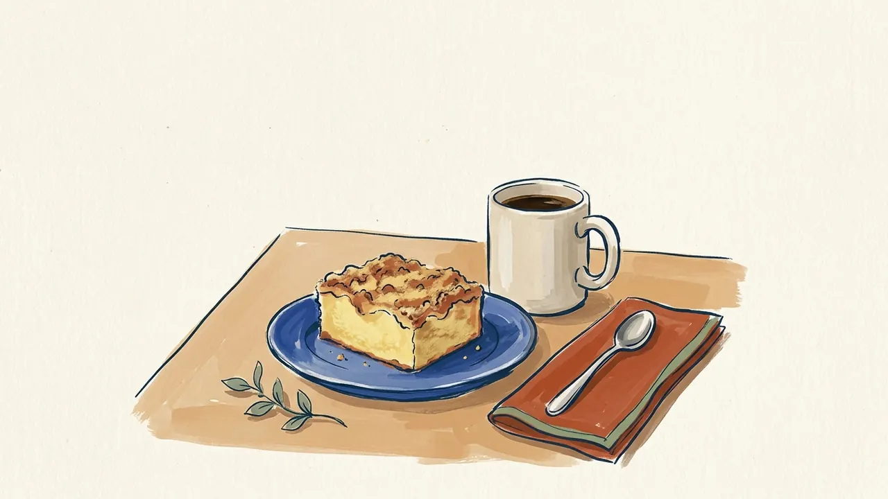 Porción de coffee cake con cobertura de migas junto a una taza de café.