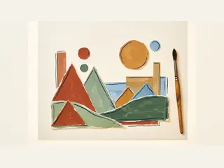 Composición abstracta de papeles de colores con formas geométricas y un pincel.