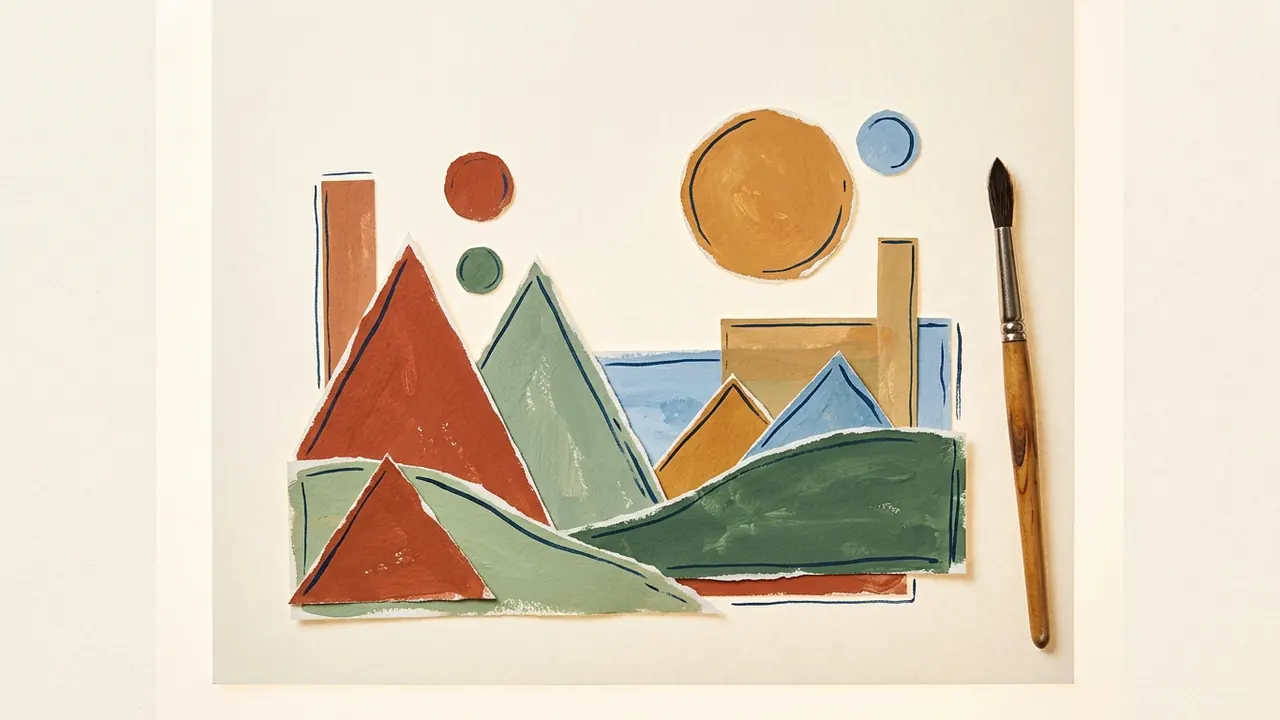 Composición abstracta de papeles de colores con formas geométricas y un pincel.