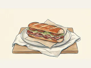 Ilustración de un hoagie de fiambres, queso, lechuga y tomate en un plato ovalado.