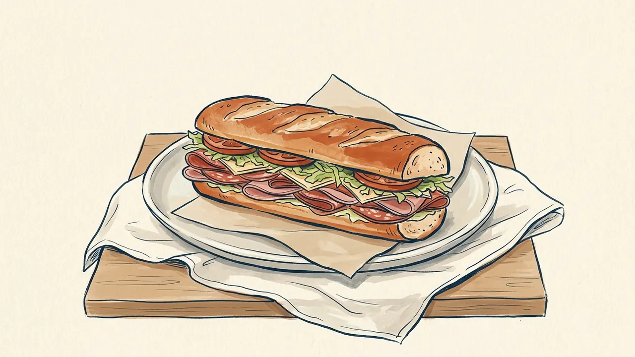 Ilustración de un hoagie de fiambres, queso, lechuga y tomate en un plato ovalado.
