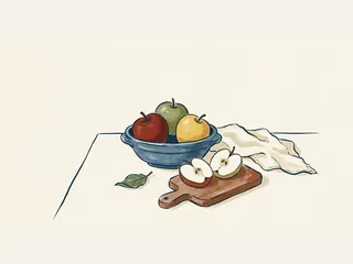 Tres manzanas en un cuenco azul y dos mitades de manzana sobre una tabla.