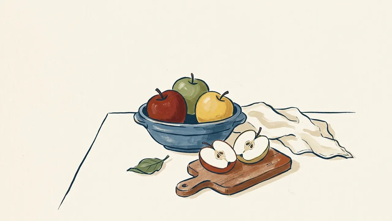 Tres manzanas en un cuenco azul y dos mitades de manzana sobre una tabla.