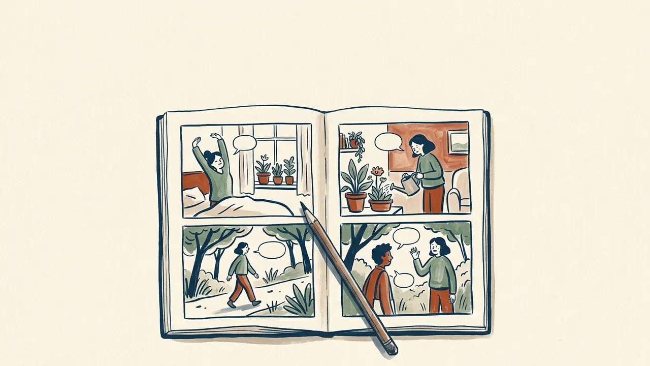 Un cómic abierto muestra cuatro viñetas cotidianas con bocadillos vacíos y un lápiz.