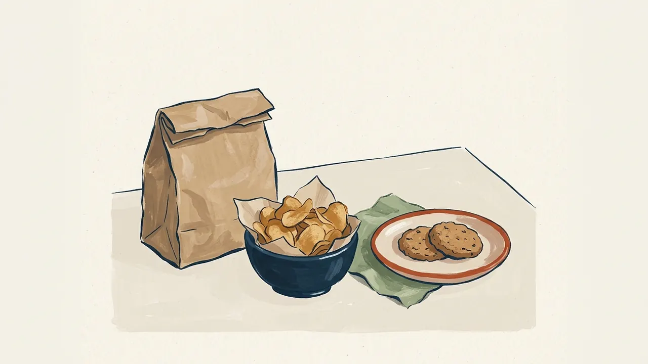Un cuenco de patatas fritas, un plato con dos galletas y una bolsa de papel sin marca.