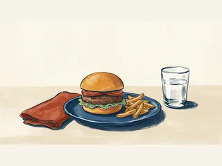 Hamburguesa con patatas en un plato azul junto a un vaso de agua y un paño.